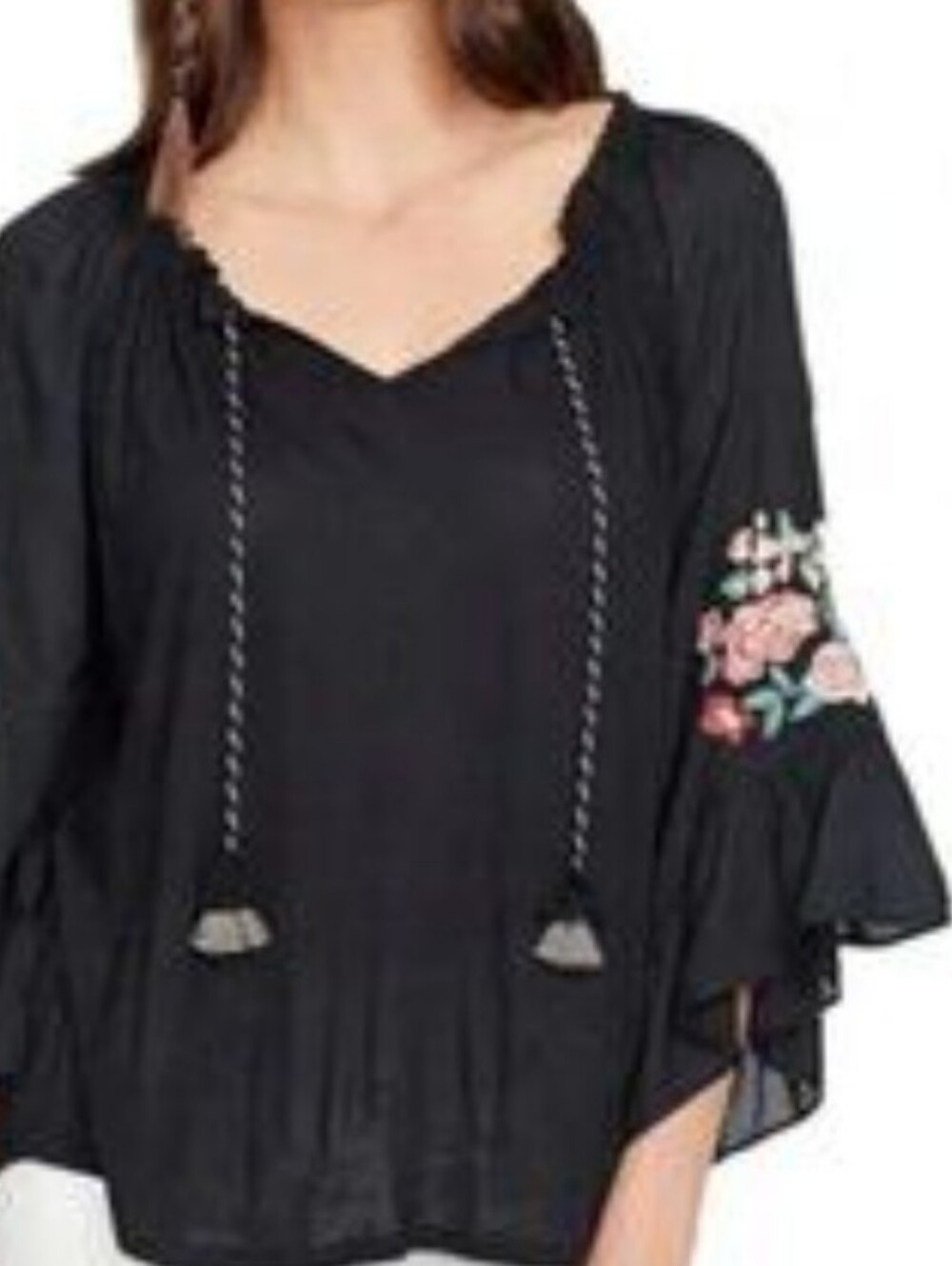 Vintage America XXL Boho Blouse Bell Sleeve Embroidered Black Tassel Women's